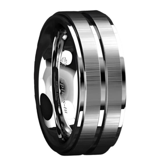 Men's Wedding Band Rings - Vertical Brushed Meteorite Design - Wedding Rings - Picture 1 of 7